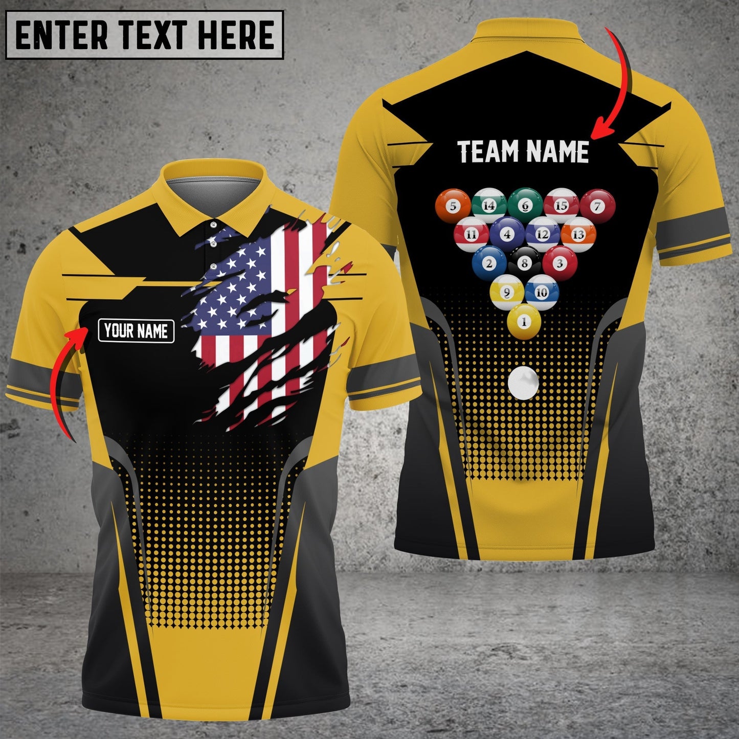 Frenzidea Billiard American Flag Personalized Name, Team Name Unisex Polo Shirt