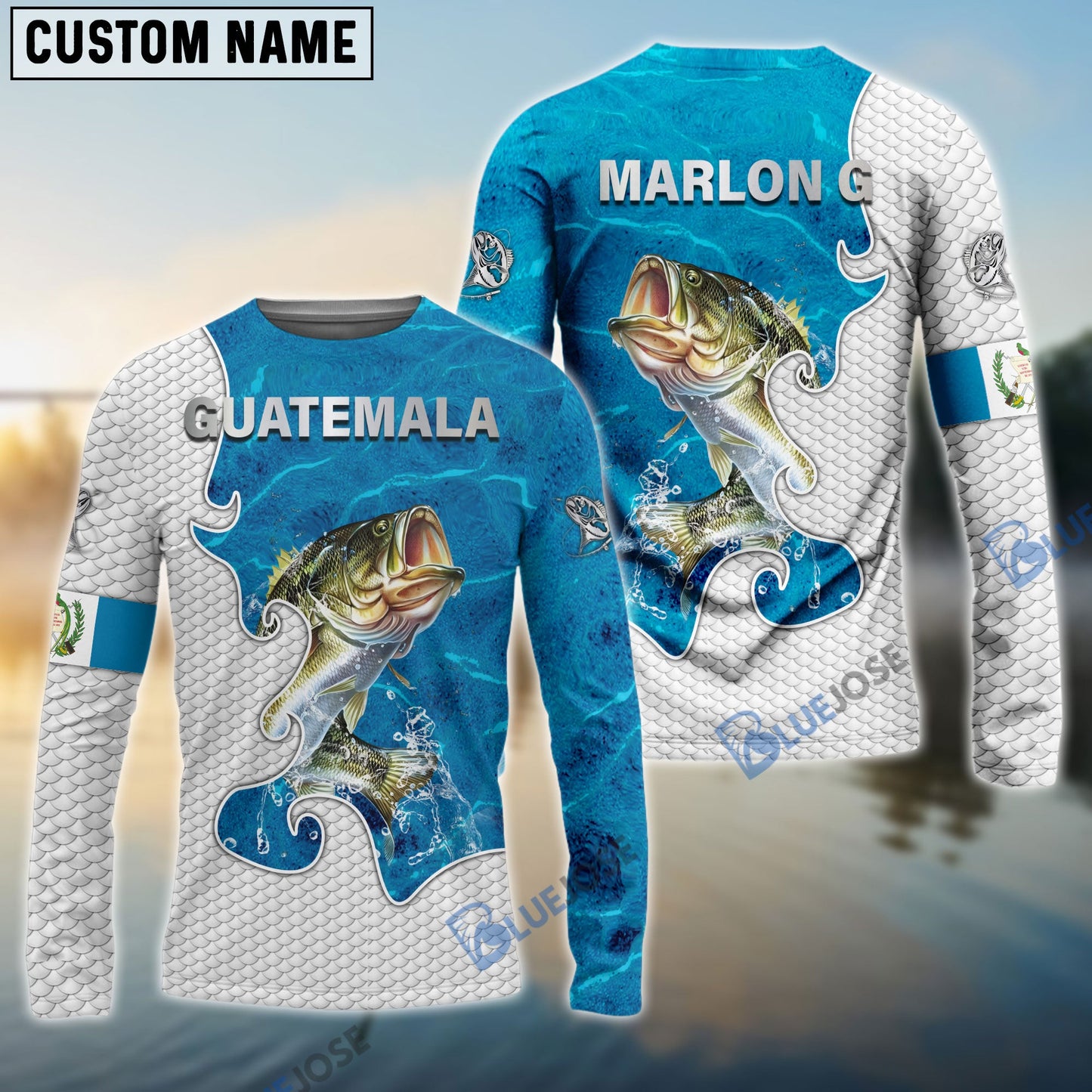 frenzidea Customize Name Bass Fishing Guatemala Flag Blue Water 3D Shirt