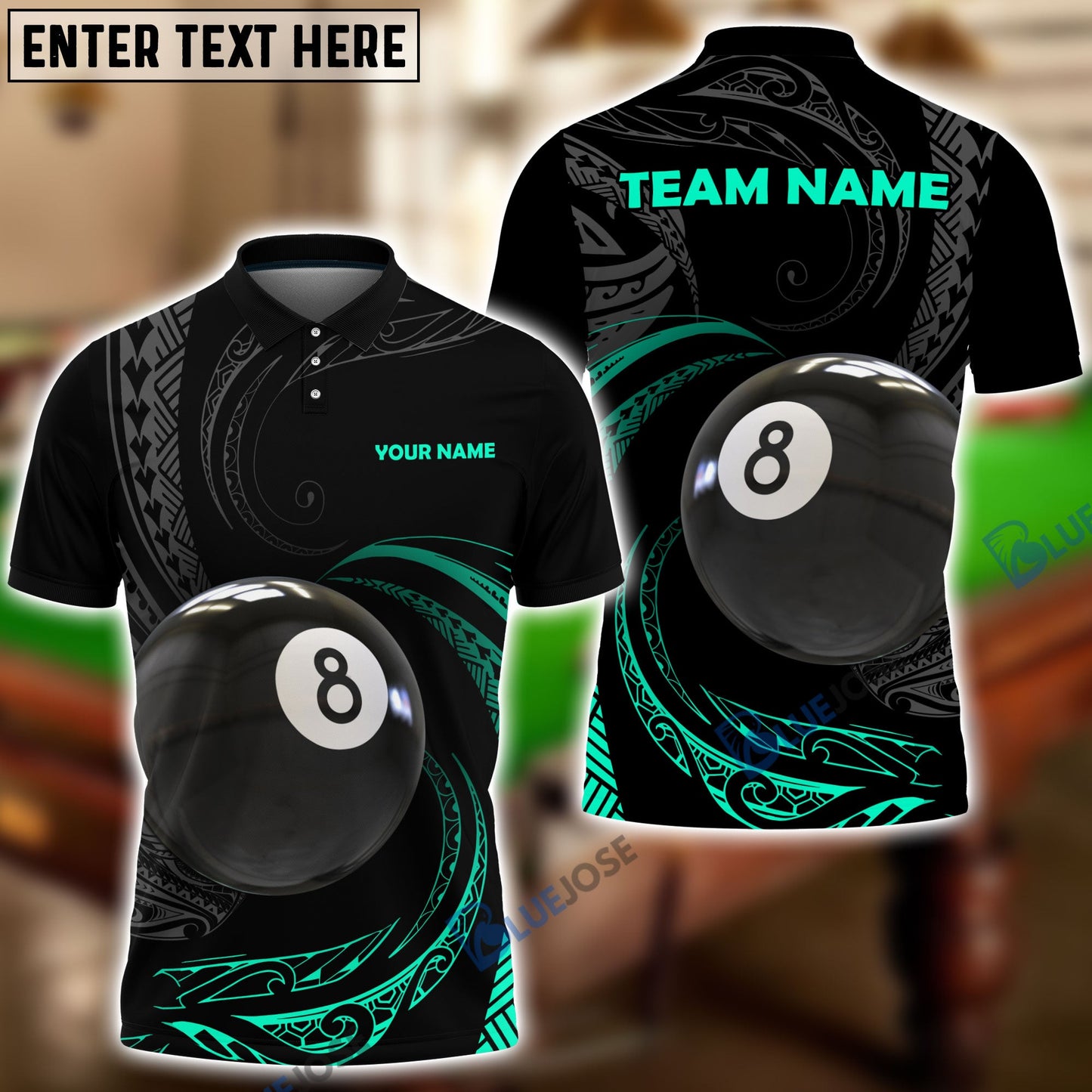 Frenzidea Billiards 8 Ball Rolling Tribal Pattern Personalized Name, Team Name Shirt