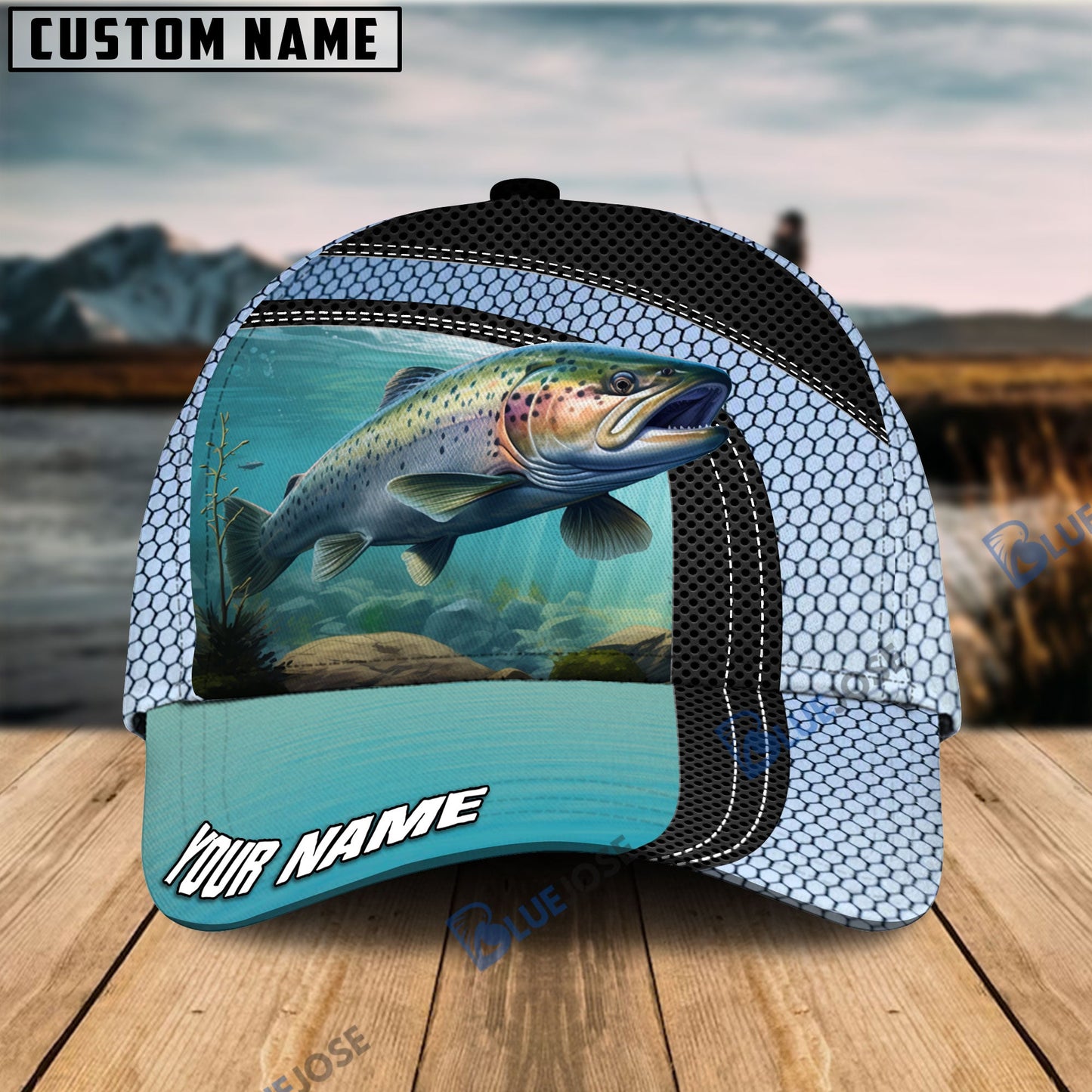 Frenzidea Personalized Salmon Fishing Net Pattern Blue Cap