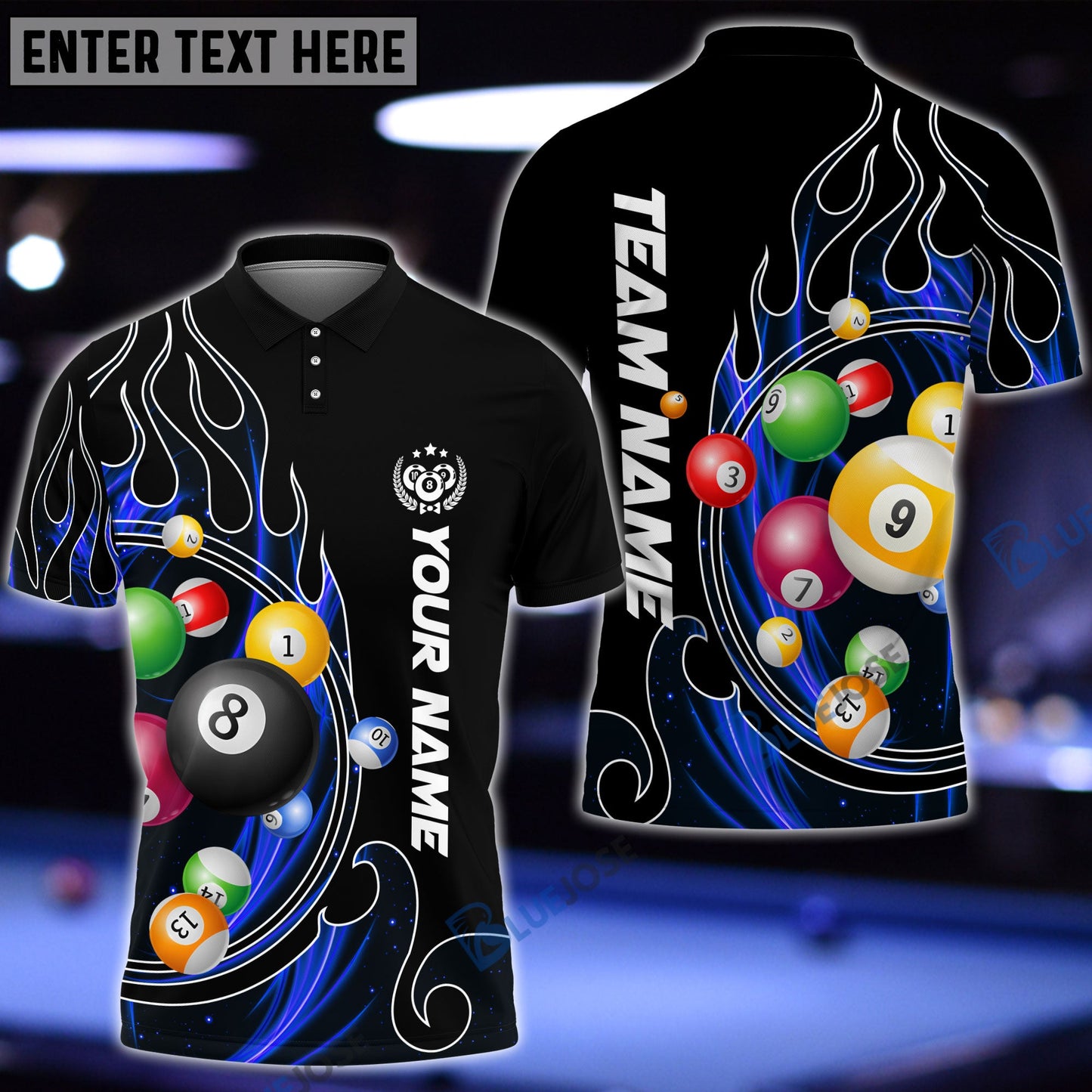 Frenzidea Billiards New Blue Fire Personalized Name, Team Name Shirt