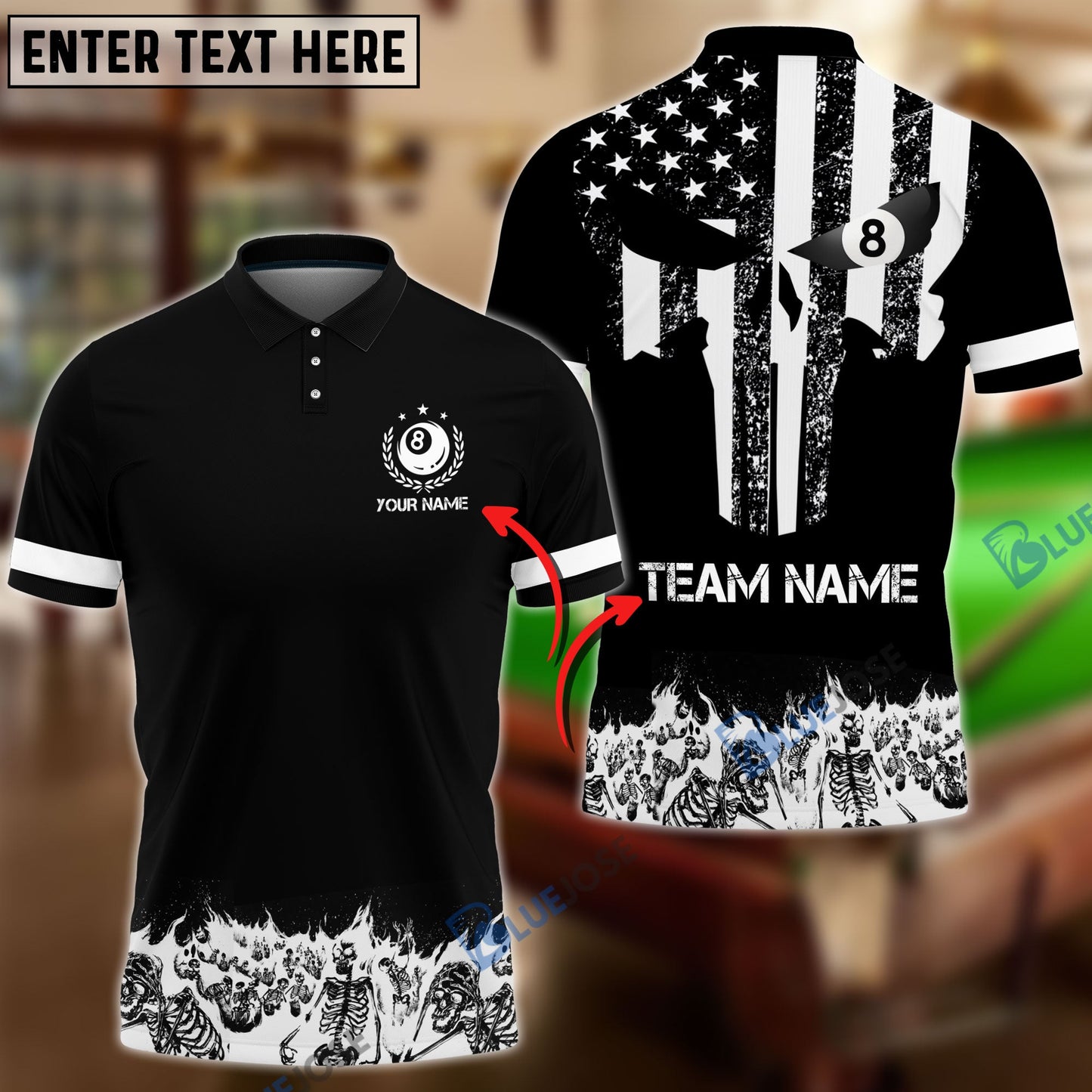 Frenzidea Billiards Skull Skeletons Personalized Name, Team Name Shirt