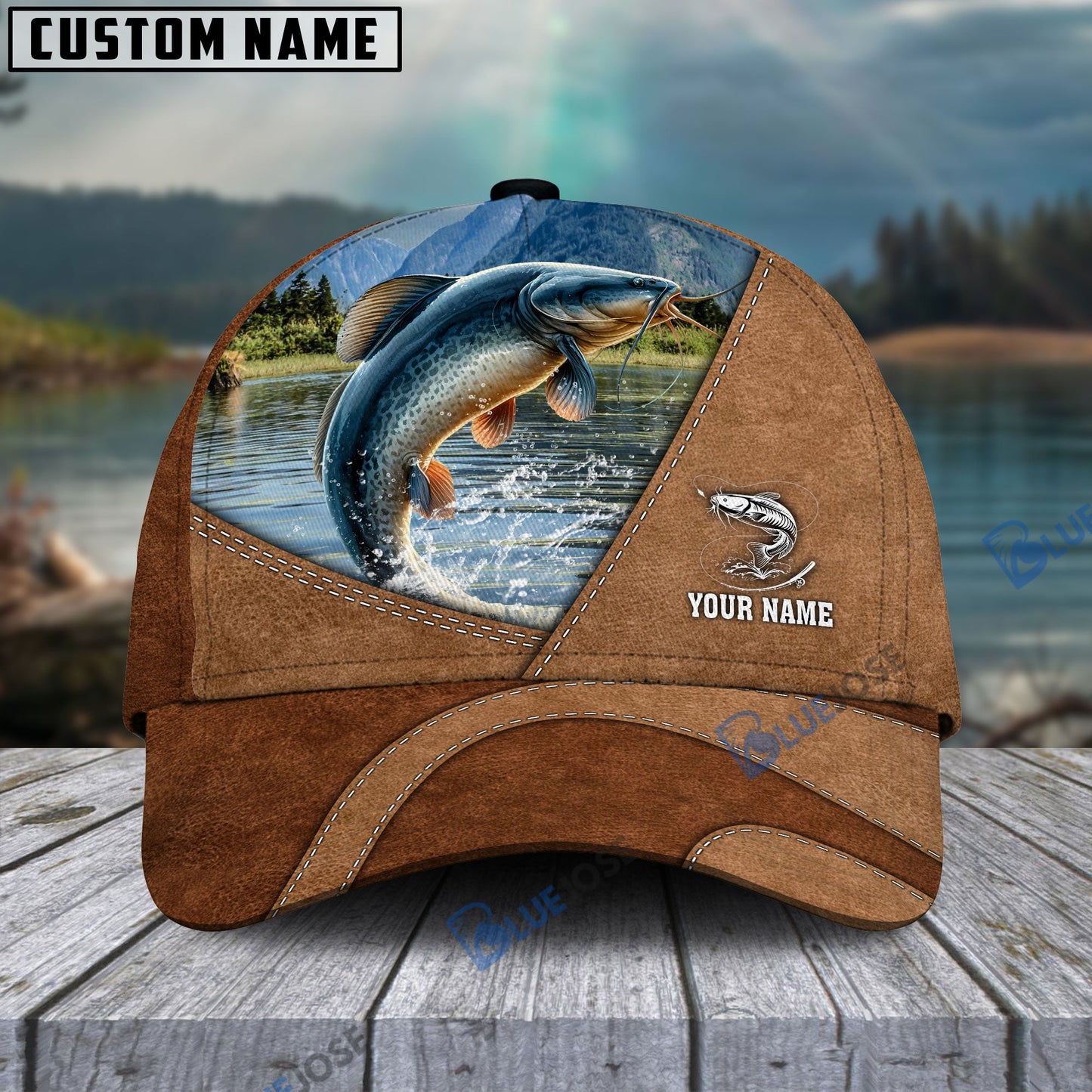 Frenzidea Personalized Fishing Leather Pattern Cap (Bass, Striped Bass, Catfish, Trout, Crappie, Salmon, Walleye, Pike)