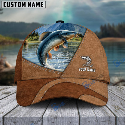 Frenzidea Personalized Fishing Leather Pattern Cap (Bass, Striped Bass, Catfish, Trout, Crappie, Salmon, Walleye, Pike)
