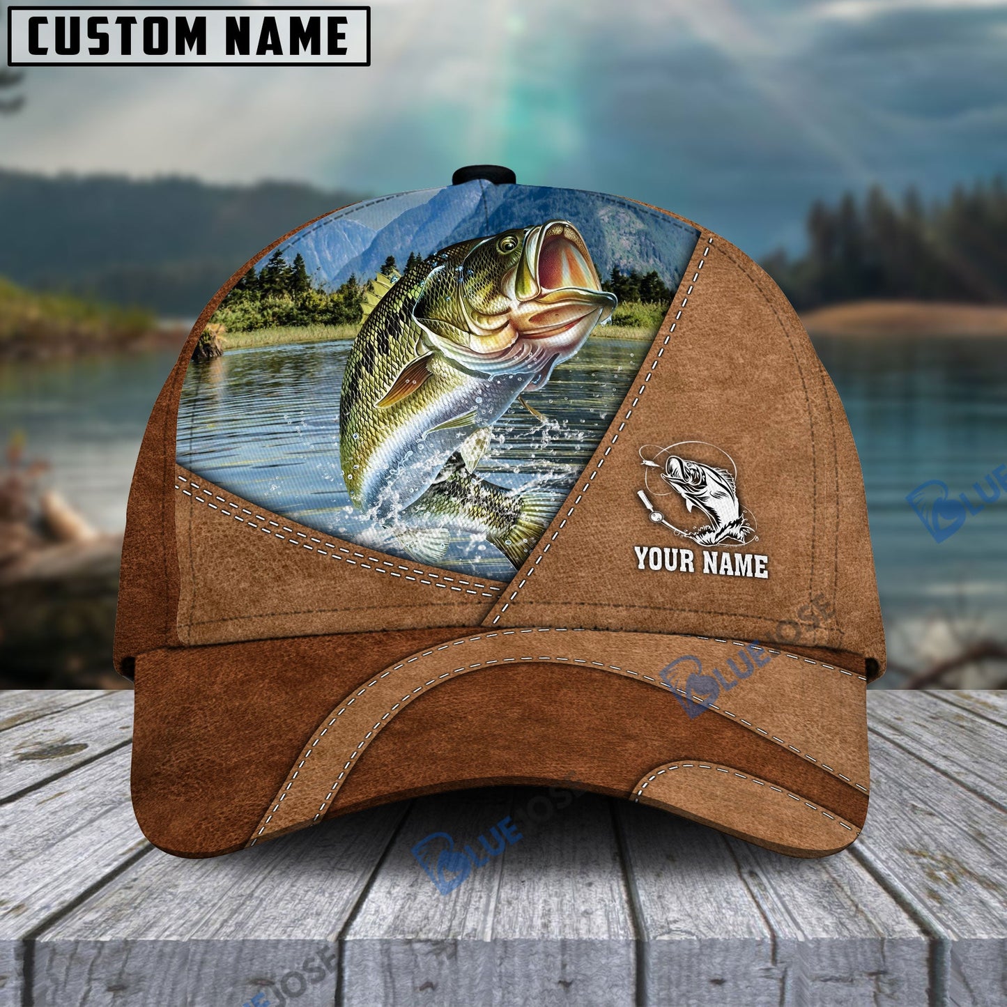 Frenzidea Personalized Fishing Leather Pattern Cap (Bass, Striped Bass, Catfish, Trout, Crappie, Salmon, Walleye, Pike)