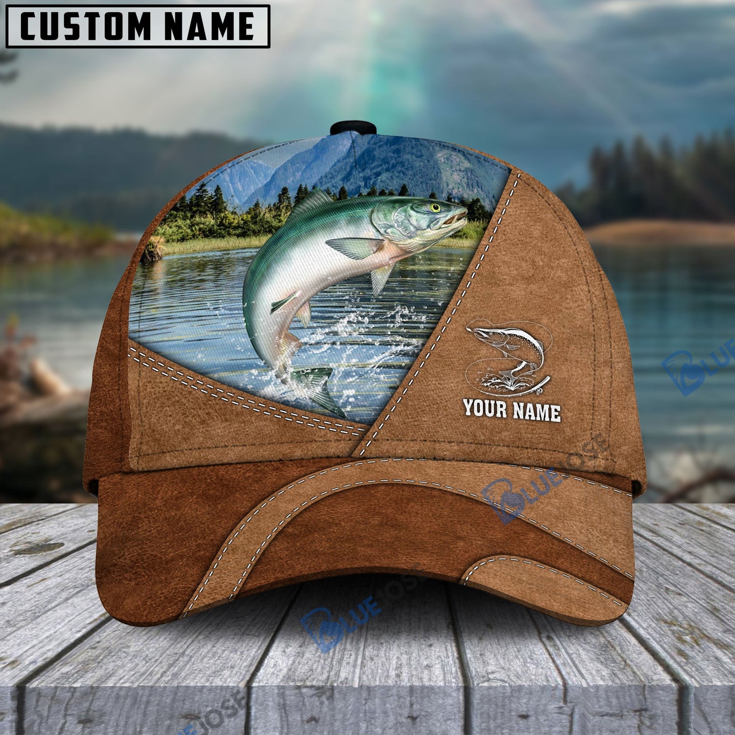 Frenzidea Personalized Fishing Leather Pattern Cap (Bass, Striped Bass, Catfish, Trout, Crappie, Salmon, Walleye, Pike)