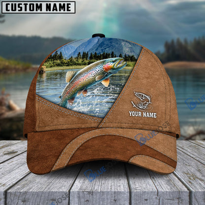 Frenzidea Personalized Fishing Leather Pattern Cap (Bass, Striped Bass, Catfish, Trout, Crappie, Salmon, Walleye, Pike)