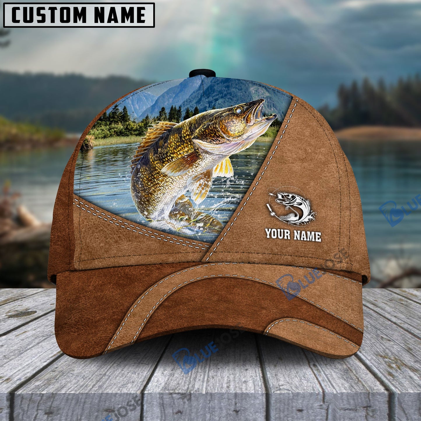 Frenzidea Personalized Fishing Leather Pattern Cap (Bass, Striped Bass, Catfish, Trout, Crappie, Salmon, Walleye, Pike)