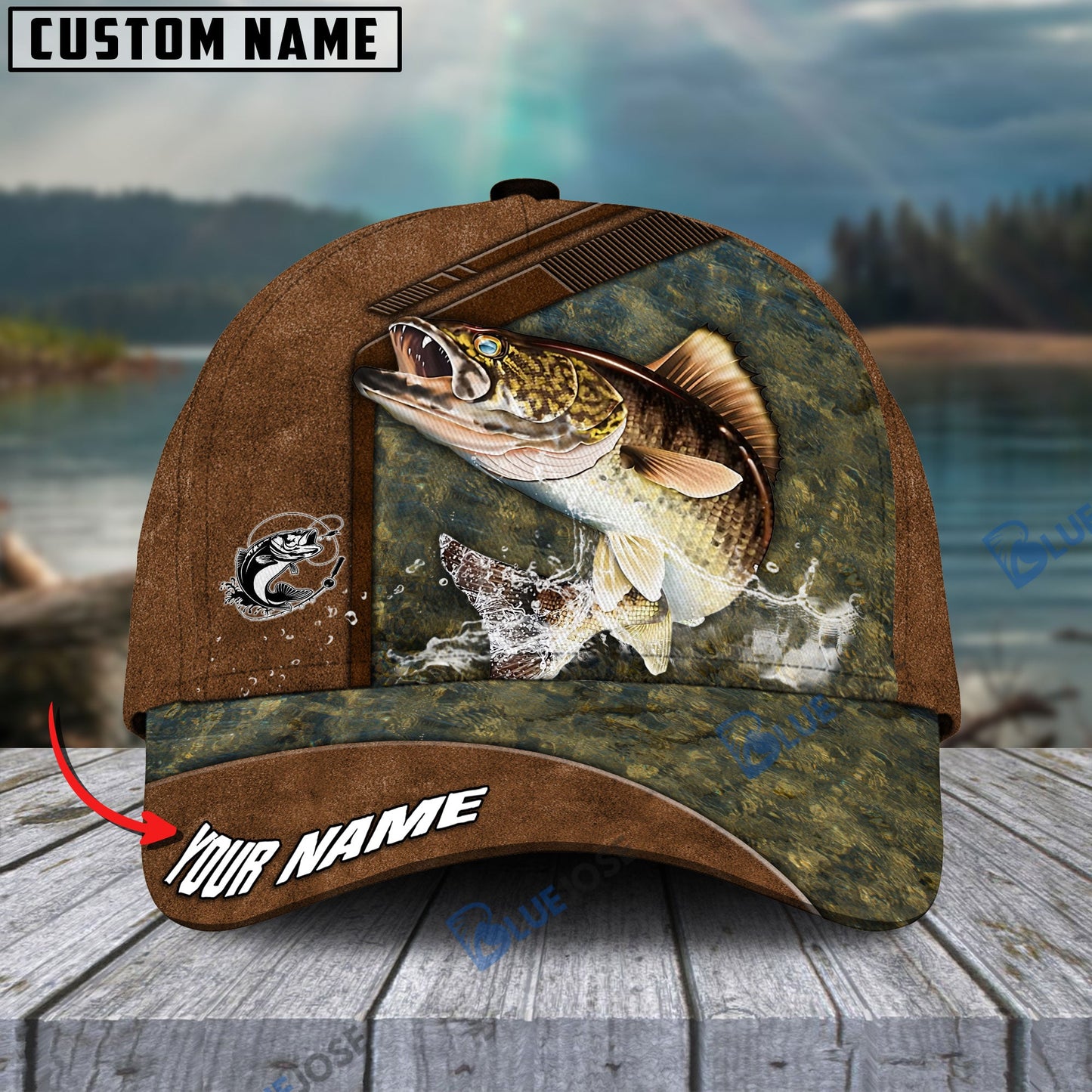 Frenzidea Fishing Leather Pattern Personalized Cap (Bass, Striped Bass, Catfish, Trout, Crappie, Salmon, Walleye, Pike)