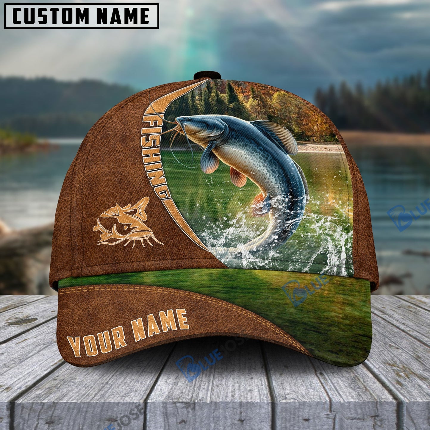 Frenzidea Personalized Fishing Brown Cap (Bass, Striped Bass, Catfish, Trout, Crappie, Salmon, Walleye, Pike)