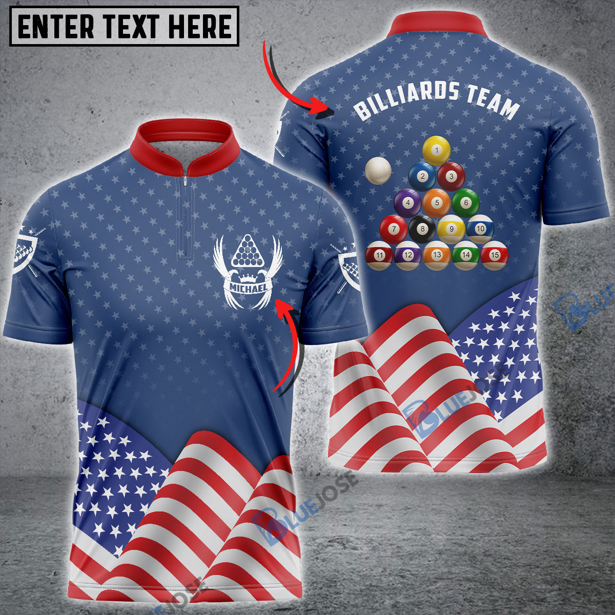 Frenzidea Patriotic Waving Flag Billiard Custom Name Zipper Polo Shirt