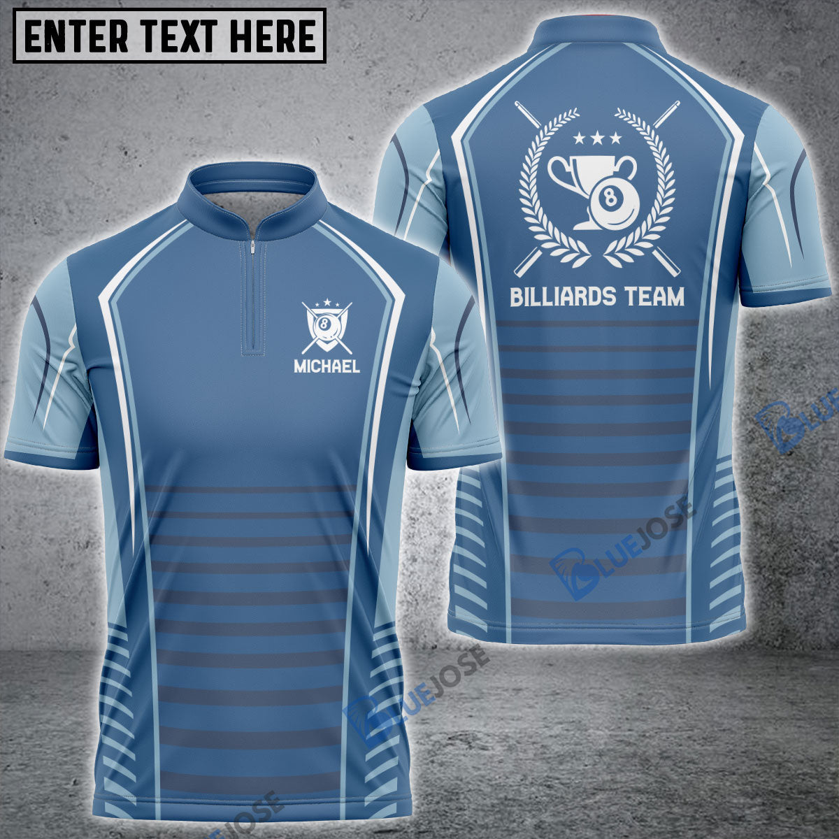 Frenzidea Light Blue Trophy Emblem Billiard Custom Name Zipper Polo Shirt
