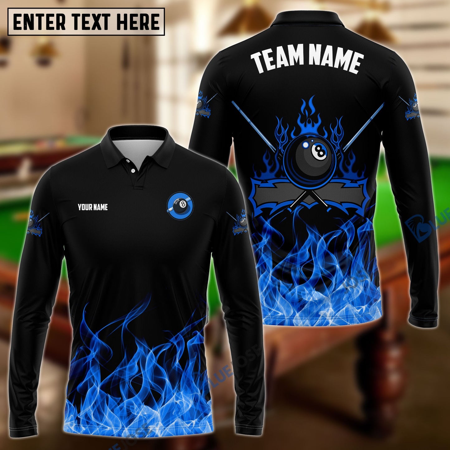 Frenzidea Personalized Billiards 8-Ball Fire Pattern Shirt (Blue, Green, Yellow & Red)
