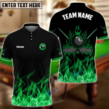 Frenzidea Personalized Billiards 8-Ball Fire Pattern Shirt (Blue, Green, Yellow & Red)