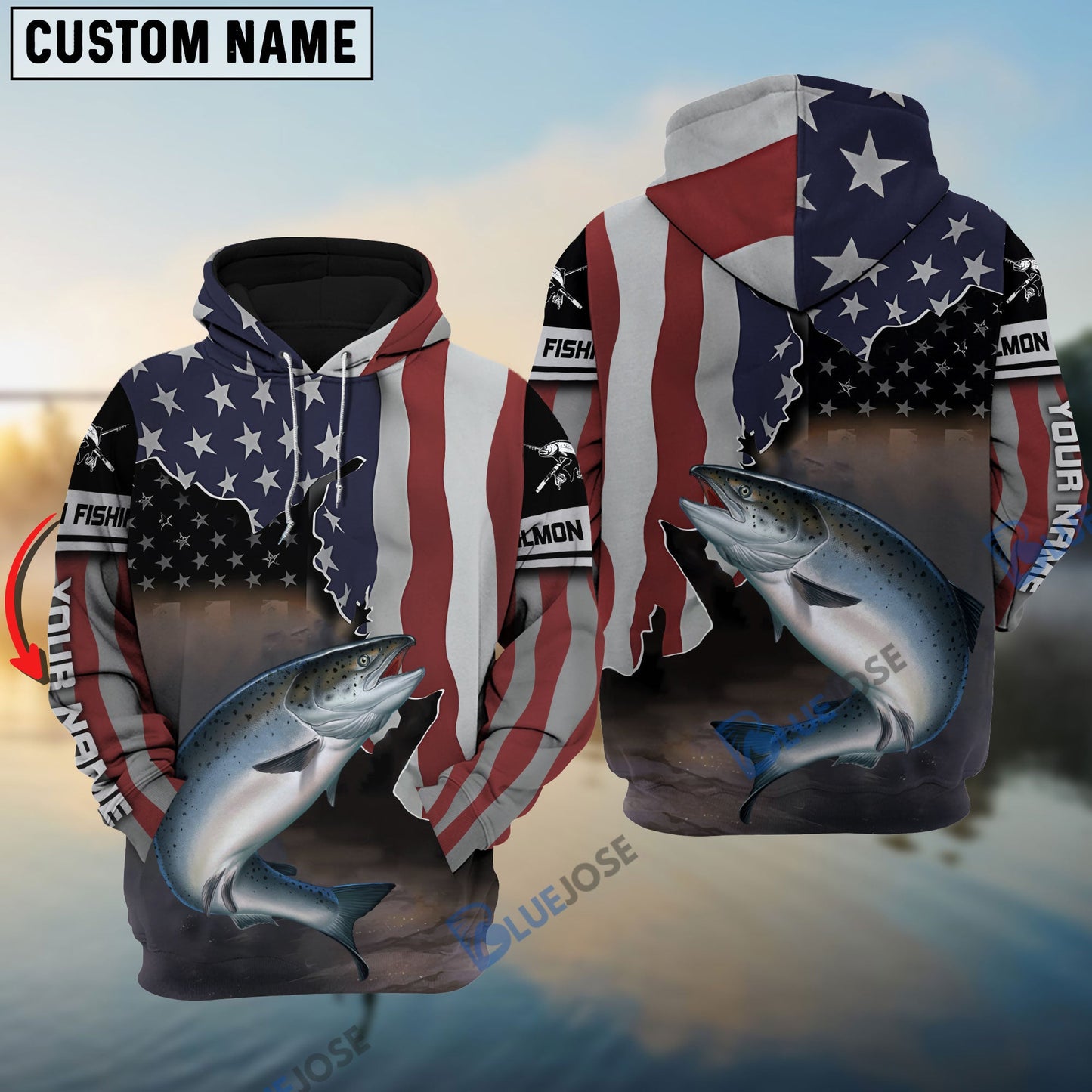 Frenzidea Salmon Fishing American Flag Fishing Long Sleeves