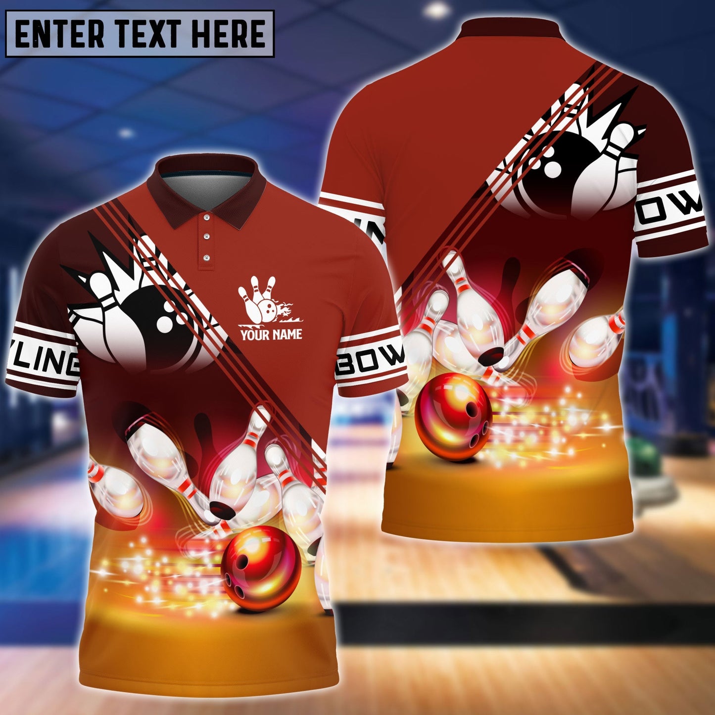 Frenzideas Red Bowling Ball Crashing into the Pins Personalized Name 3D Shirt