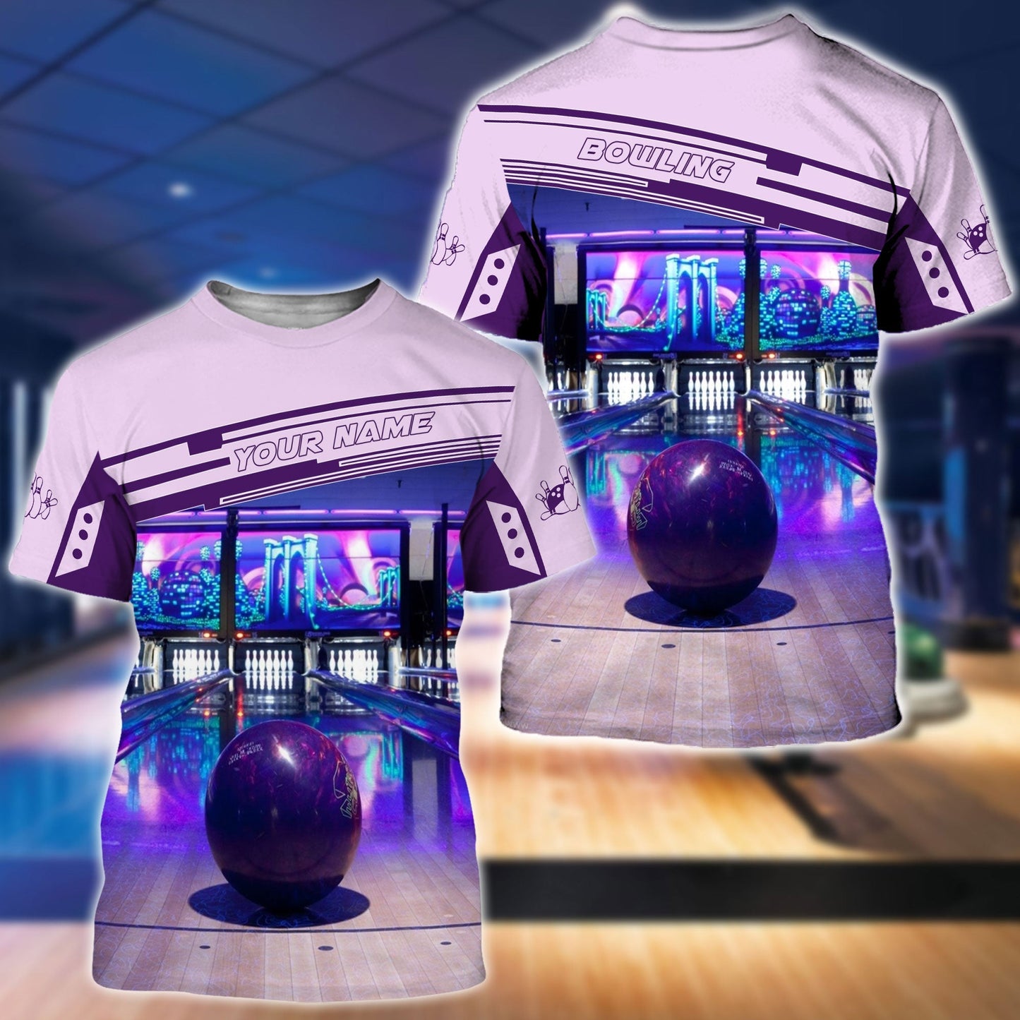 Frenzideas Purple Bowling Ball Personalized Name 3D Shirt
