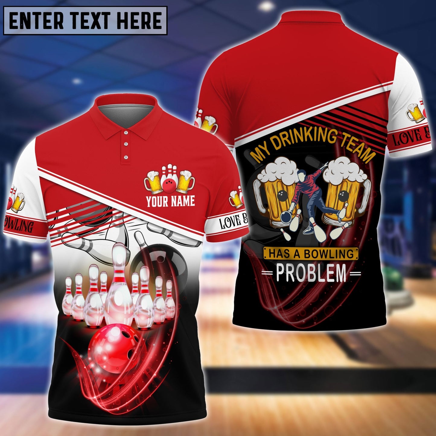Frenzideas Drinking Team Red Bowling Ball Crashing Into PinsPersonalized Name3D Shirt