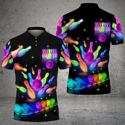 Frenzideas Bowling Party Neon with Purple Balls and White Pins on the Bright Pink 3D Shirt