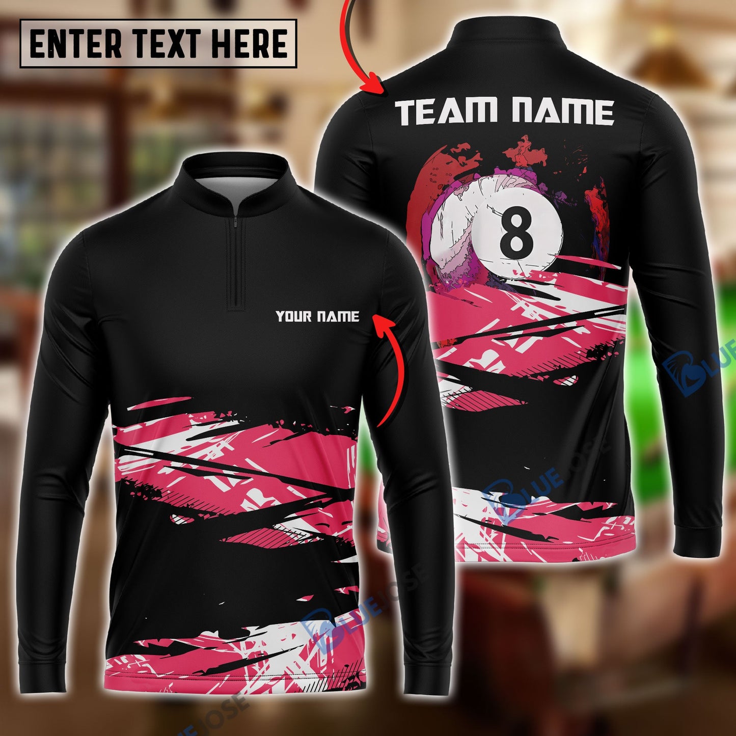 Frenzidea Billiards 8 Ball Black and Pink Customized Name, Team Name Unisex Shirt
