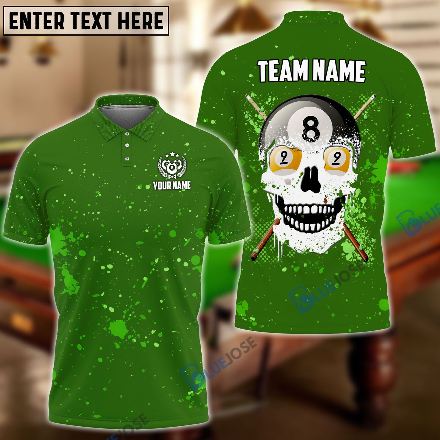 frenzidea Billiards Green Crazy Skull Personalized Name, Team Name 3D Shirt