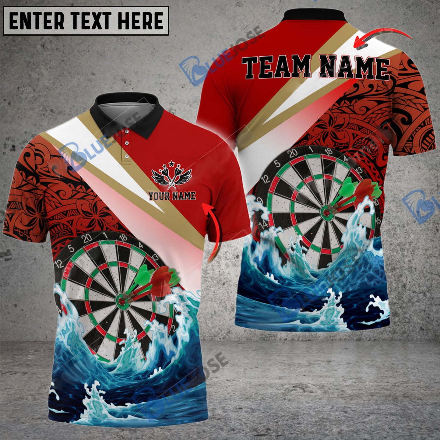 Frenzidea Darts Ocean Waves Tattoo Pattern Personalized Name, Team Name 3D Shirt (4 Colors)