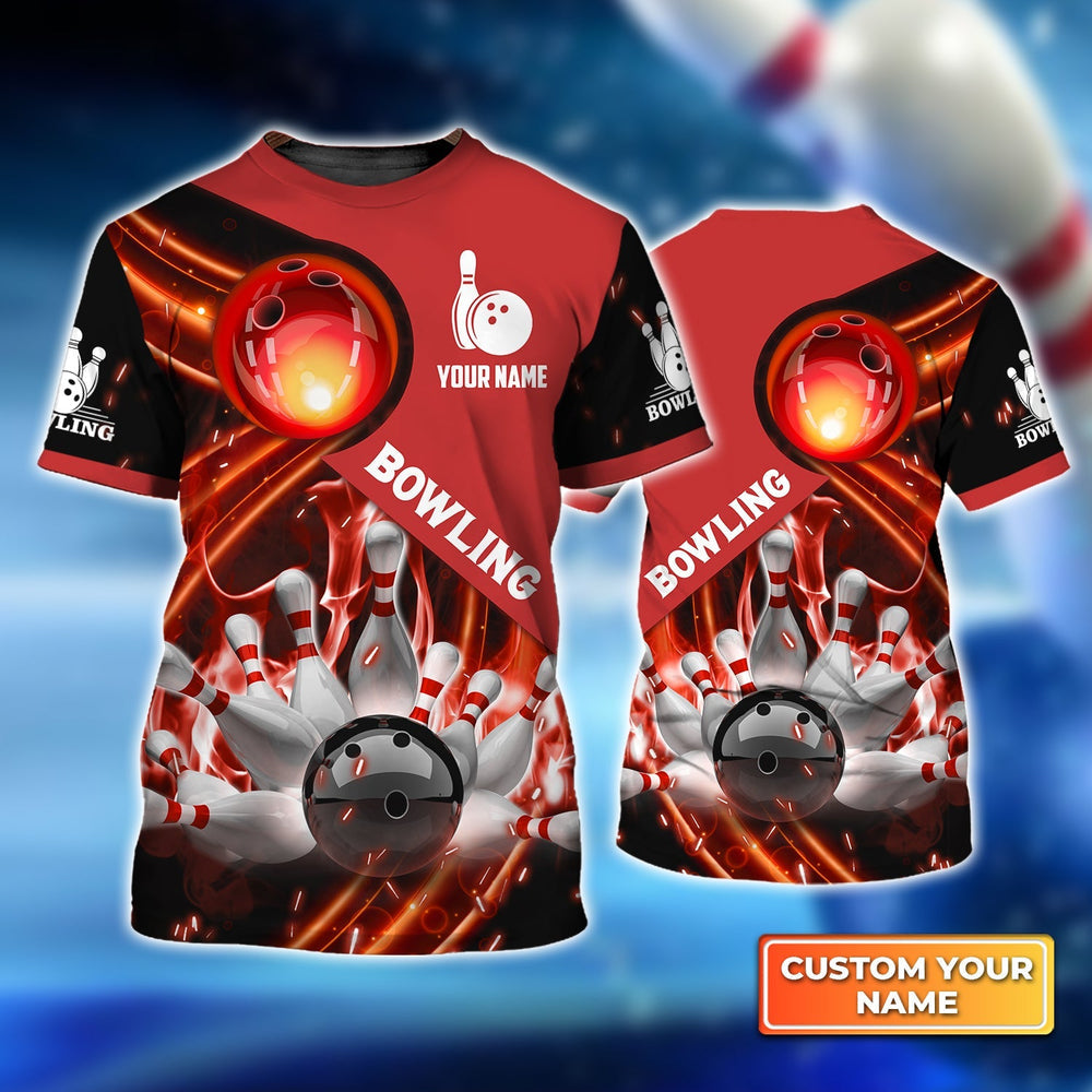 Frenzideas Red Bowling Ball In Fire Personalized Name3D Shirt