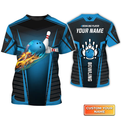 Frenzideas The Blue Bowling Ball in Flames Breaks White Skittles Personalized Name 3D Shirt