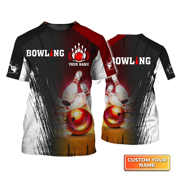Frenzideas Red Bowling Ball Crashing Pins Personalized Name 3D Shirt