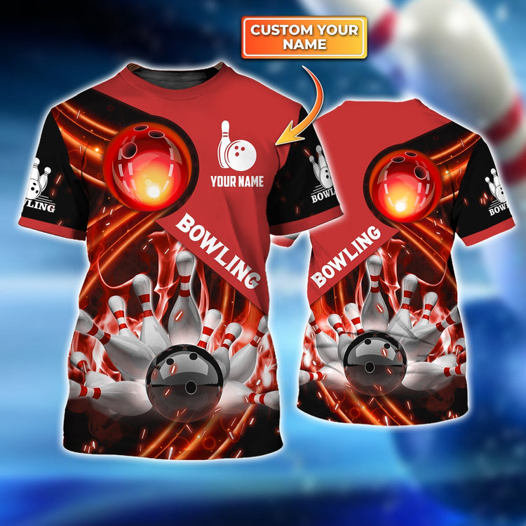 Frenzideas Red Bowling Ball In Fire Personalized Name3D Shirt