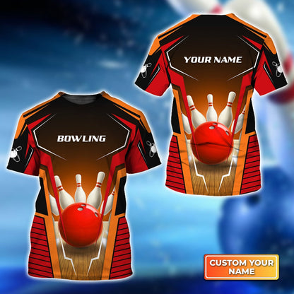 Frenzideas Mens Bowl Pin And Red Bowling Ball Personalized Name 3D Shirt