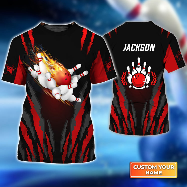 Frenzideas  Bowling Ball in Flames Breaks White Skittles Personalized Name 3D Shirt