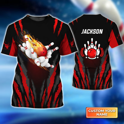 Frenzideas  Bowling Ball in Flames Breaks White Skittles Personalized Name 3D Shirt