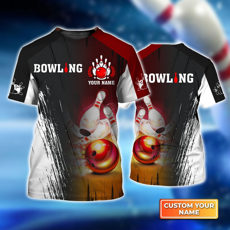 Frenzideas Red Bowling Ball Crashing Pins Personalized Name 3D Shirt