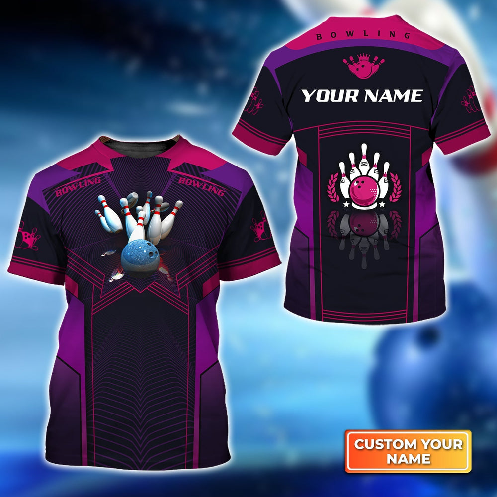 Frenzideas The Blue Bowling Ball Crashing The Pins Purple Pattern Personalized Name 3D Shirt