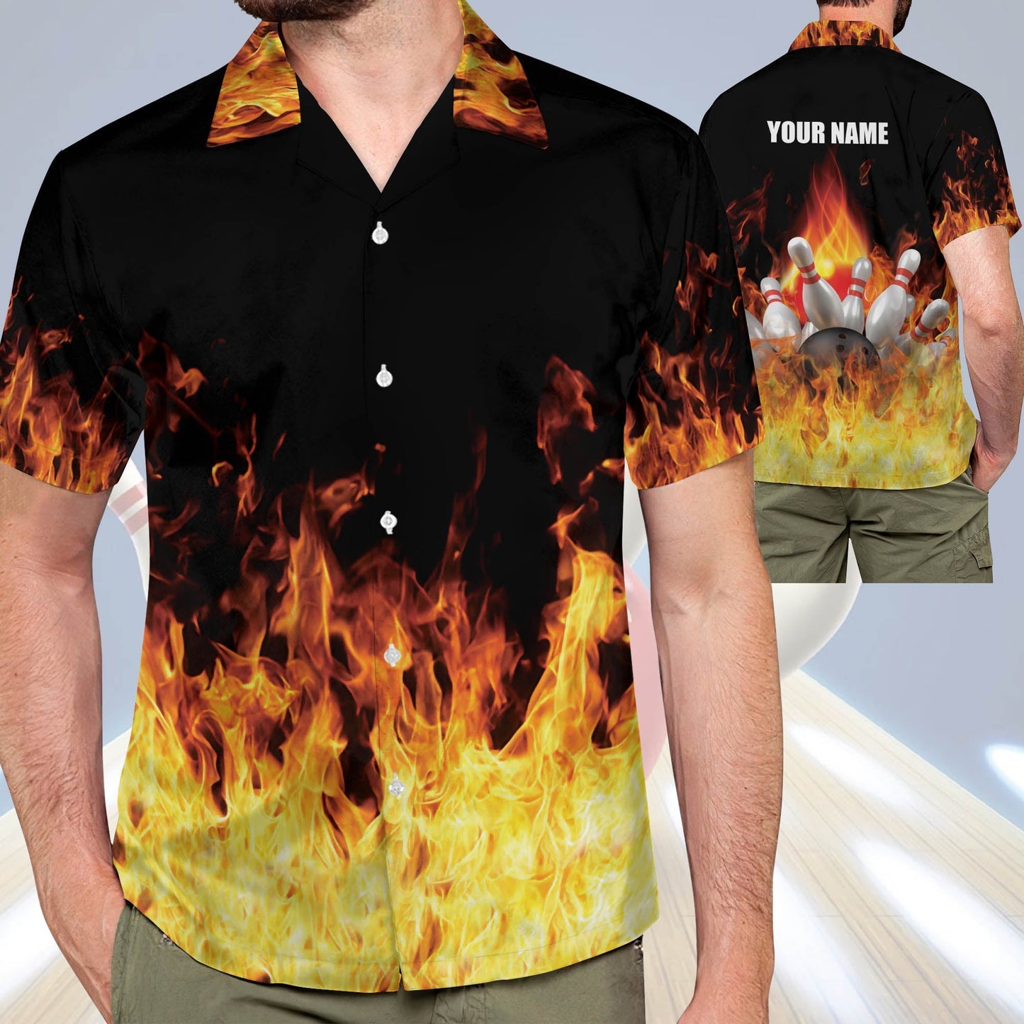 Frenzideas Bowling Flame Personalized Name Hawaiian Shirt