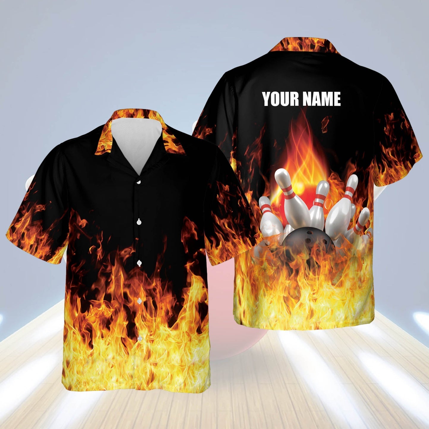 Frenzideas Bowling Flame Personalized Name Hawaiian Shirt