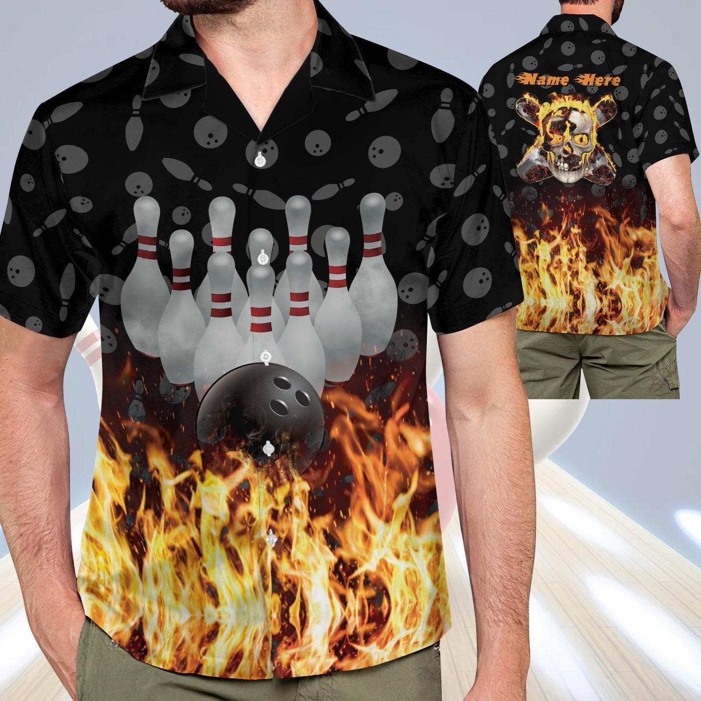 Frenzideas Flame Skull Personalized Name Hawaiian Shirt