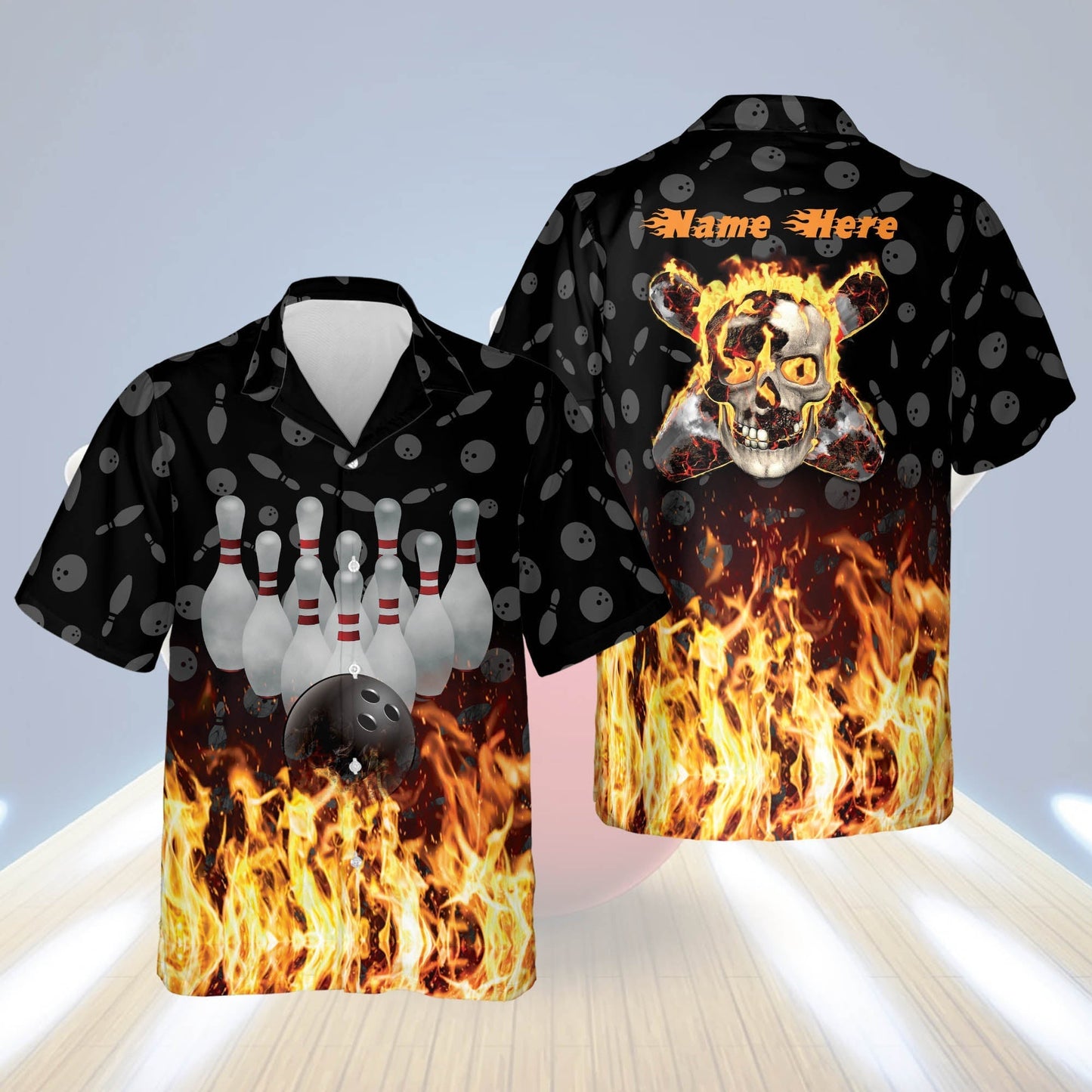 Frenzideas Flame Skull Personalized Name Hawaiian Shirt