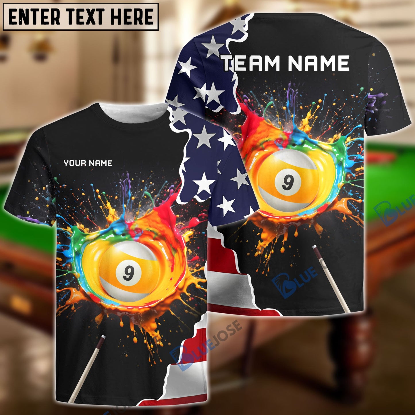 Frenzidea Billiards 9-Ball Colorful Paint USA Flag Personalized 3D Shirt