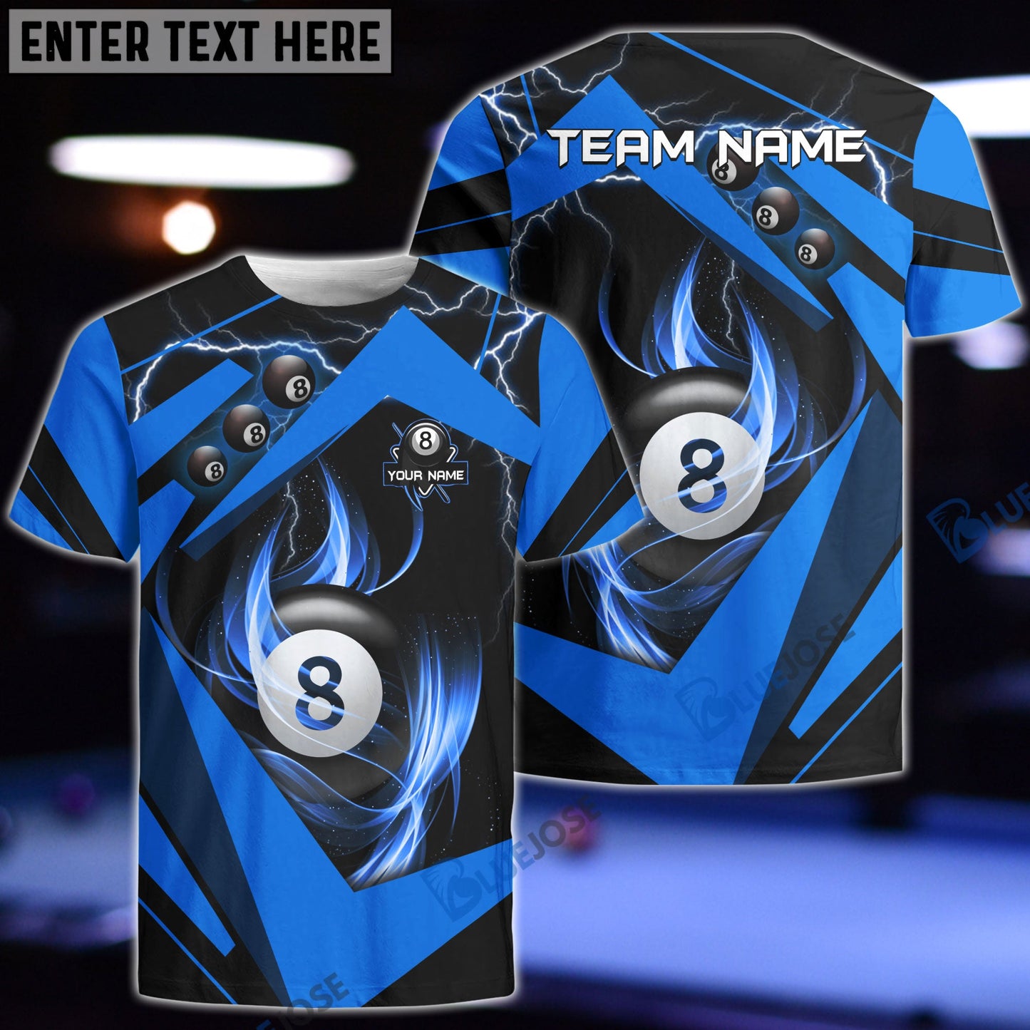 Frenzidea Billiards Blue Lightning Personalized Name, Team Name Unisex Shirt
