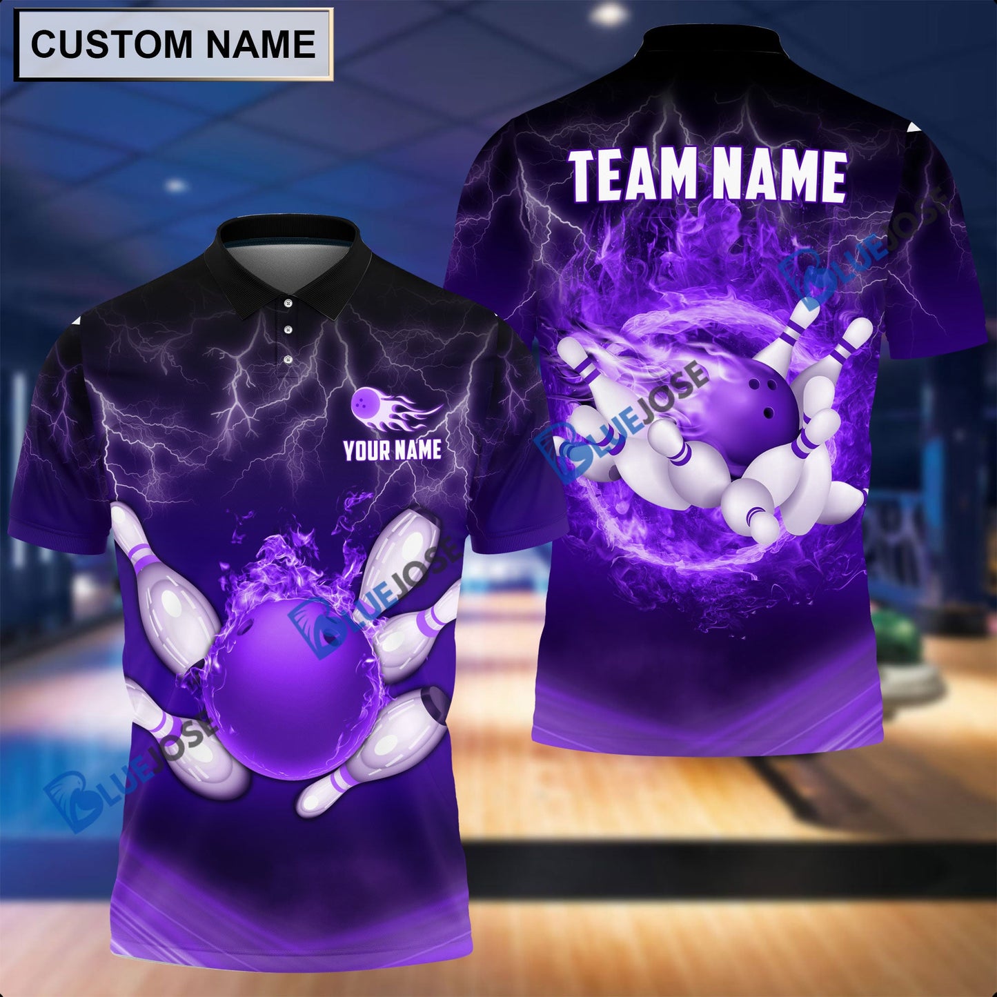 Frenzideas Personalized Name and Team Name Thunder Color Bowling and Pins 3D Shirt