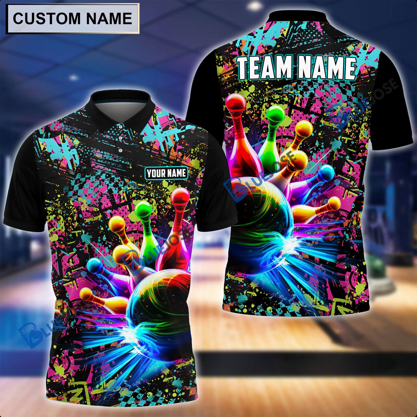 Frenzideas Personalized Name and Team Name Paint Colorful Bowling and Pins 3D Shirt