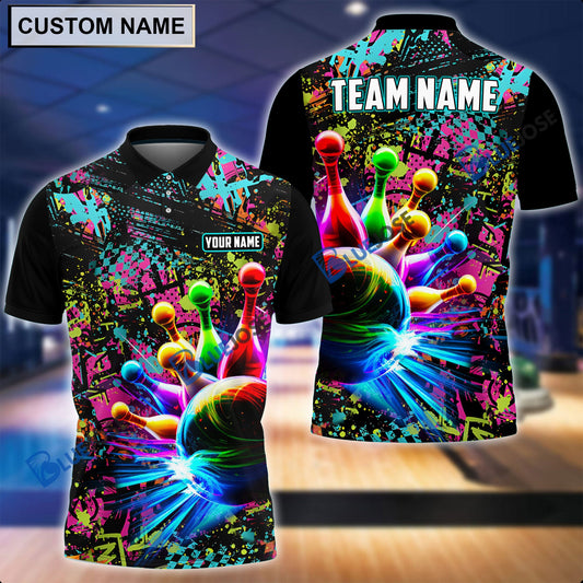 Frenzideas Personalized Name and Team Name Paint Colorful Bowling and Pins 3D Shirt