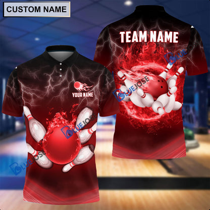 Frenzideas Personalized Name and Team Name Thunder Color Bowling and Pins 3D Shirt