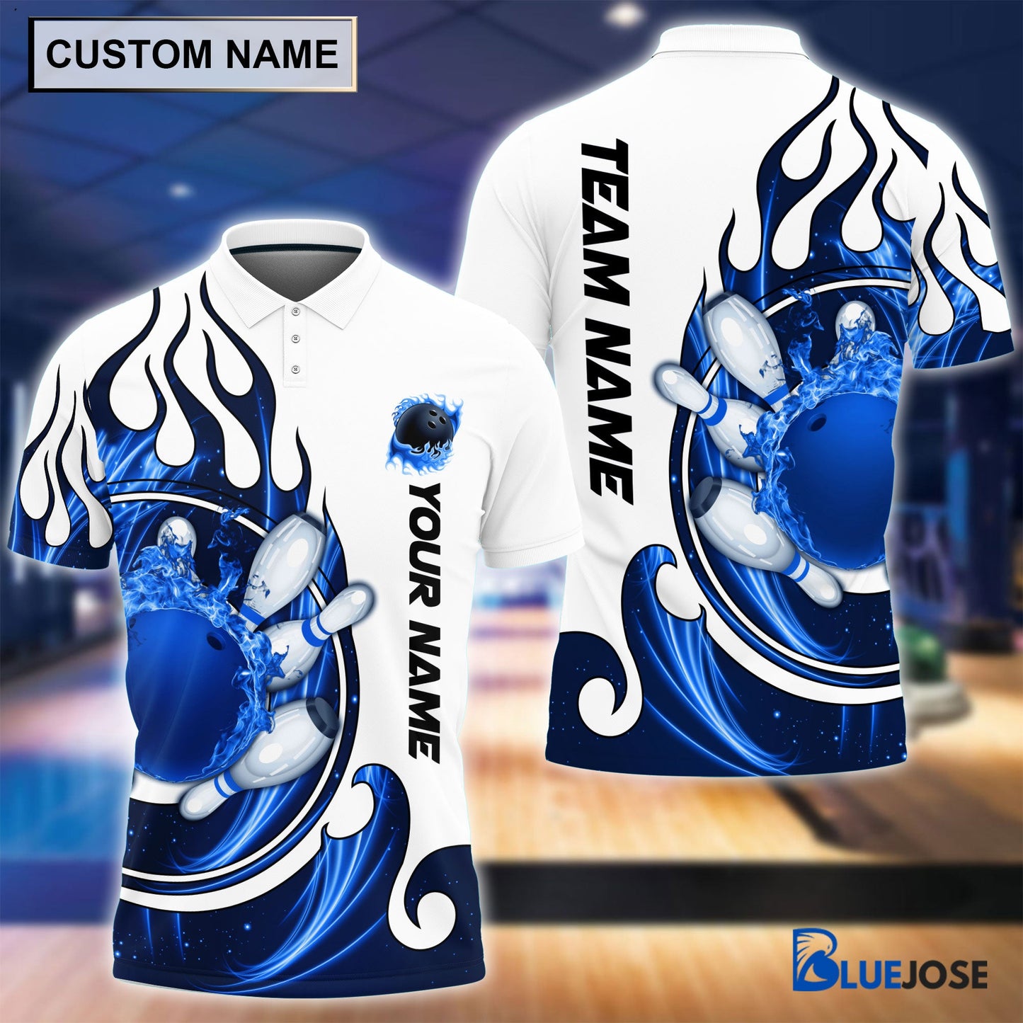 Frenzideas Personalized Name and Team Name Fire Color Bowling Player Multicolor Polo Shirt
