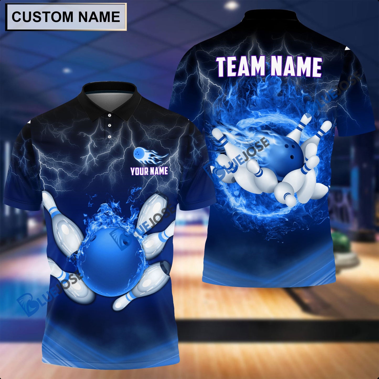 Frenzideas Personalized Name and Team Name Thunder Color Bowling and Pins 3D Shirt