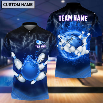 Frenzideas Personalized Name and Team Name Thunder Color Bowling and Pins 3D Shirt