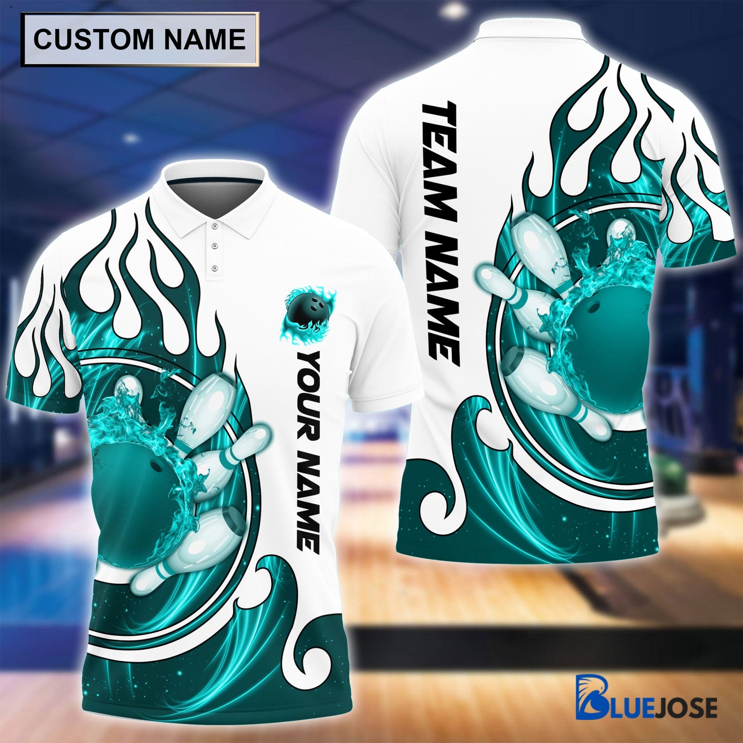 Frenzideas Personalized Name and Team Name Fire Color Bowling Player Multicolor Polo Shirt