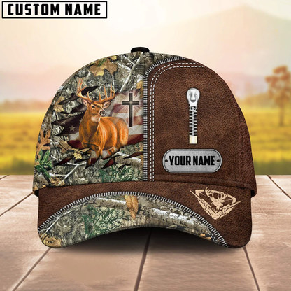 Frenzidea Cross America Hunting Deer Zipper Leather Pattern Multicolor Personalized Cap